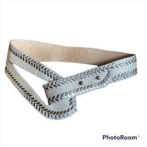 Calleen Cordero Metallic White Waist Cinching Uzi Belt Nickel and Brass Studding